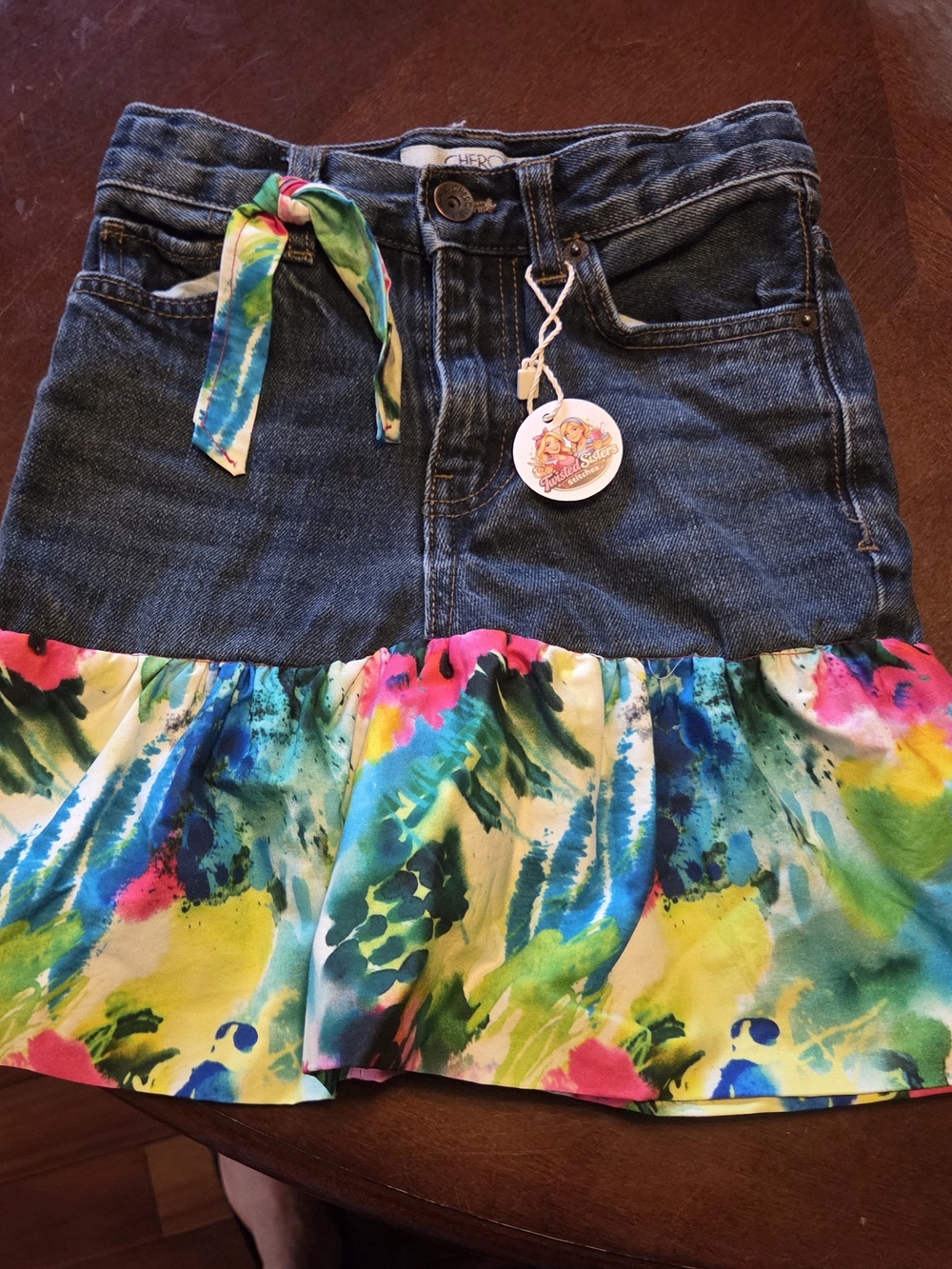 Denim Skirt with Multicolor Watercolor Ruffle